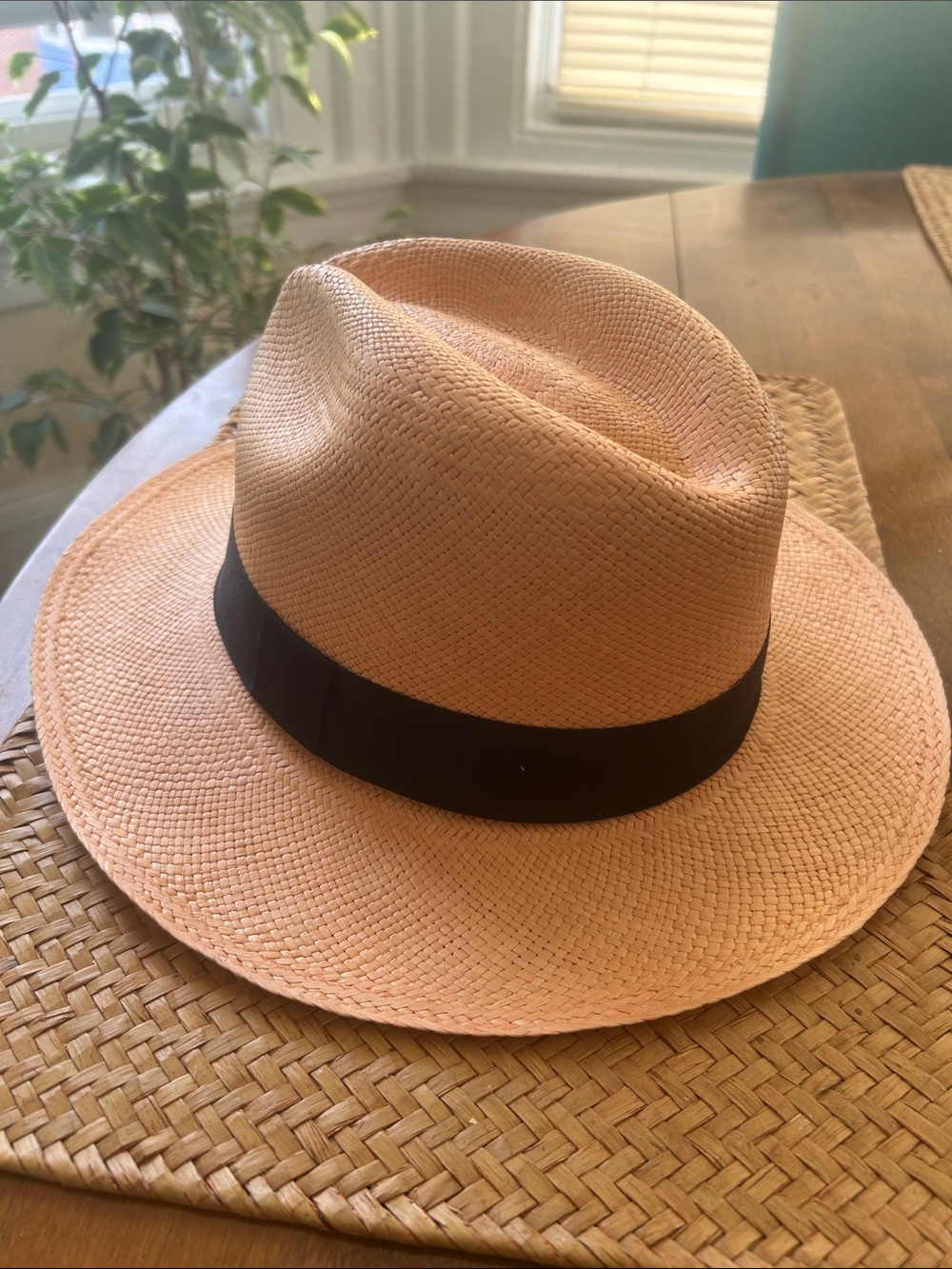 Genuine Panama Classic Straw Fedora Hat with Black Band - Pale orange